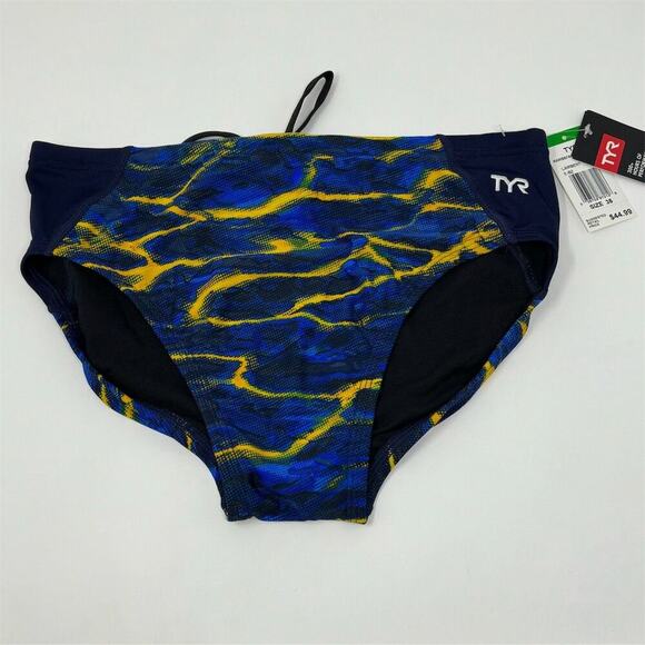 TYR Lambent Men's Swim Briefs Size 36 Navy/Gold Wave Pattern UPF 50+ Protection - Picture 1 of 5